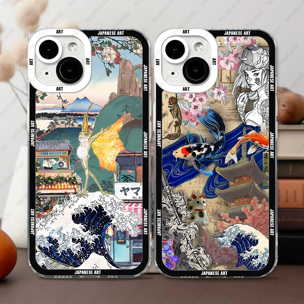 Phone Case For iPhone 15 14 13 Pro Max 12 Mini 11 XS X XR SE 7 8 Plus Soft Cover Japanese Art Stickers