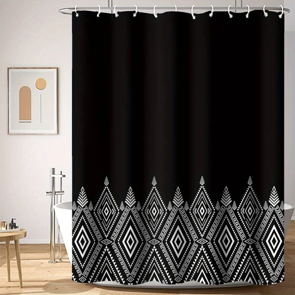 

Black and White Tribal Shower Curtain Geometric Pattern Bottom Border Design Modern Bathroom Decor Waterproof Bath Curtain