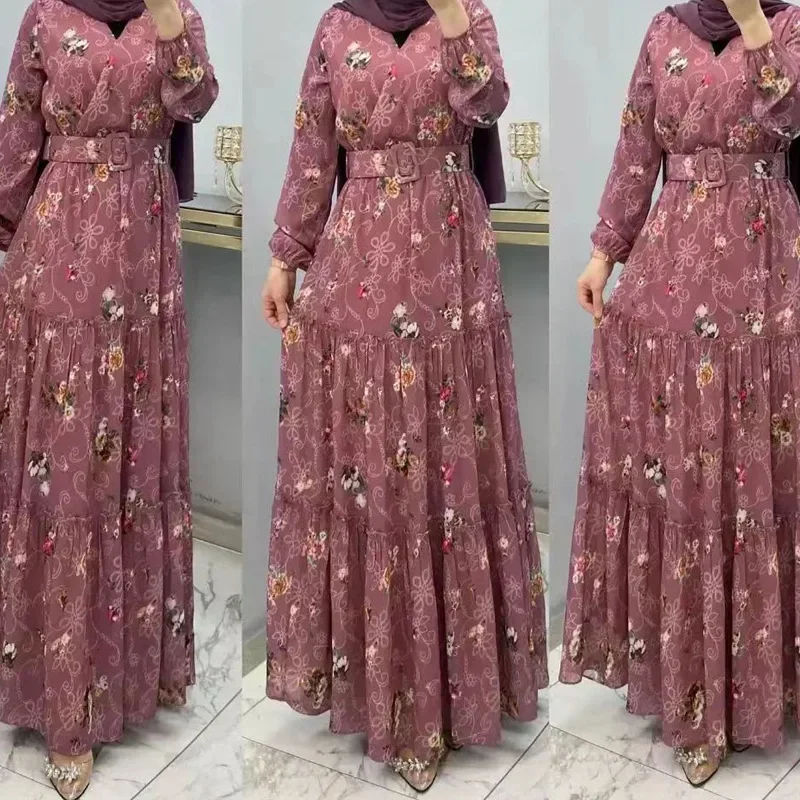 Women Eid Muslim Dresses Dubai Arab Turtleneck Flowers Dress Kaftan Islam Abayas Morocco Vestidos Casual Long Robe Belt