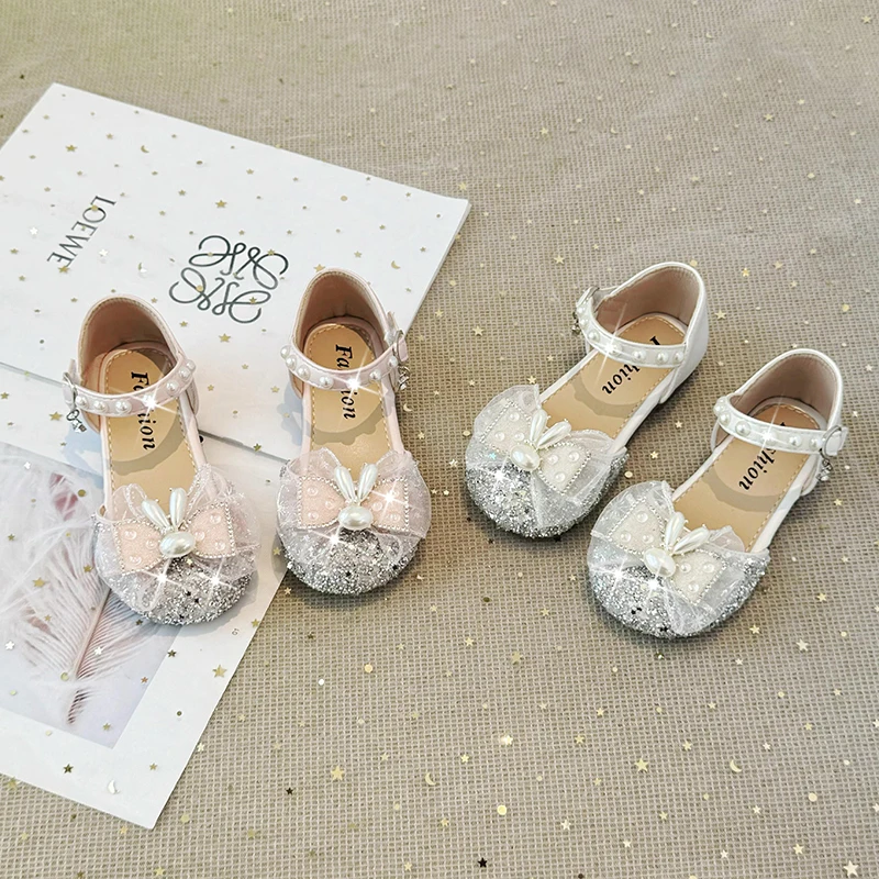 2024 Summer New Kids' Princess Sandals for Girls Fashion Bowknot Sweet  Pearl Temperamental Party Shoes Soft Anti-Slippery Flats