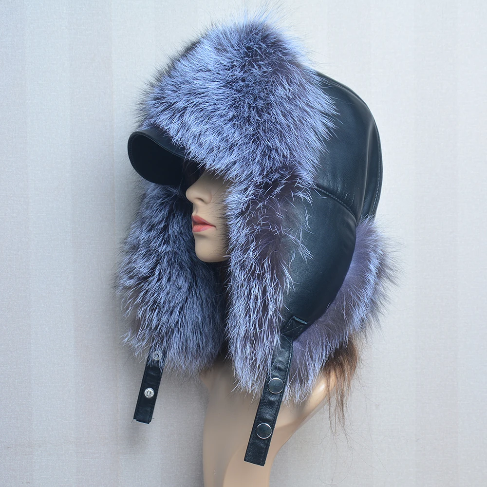 Genuine Silver Fox Fur Hat with Ear Flaps Real Natural Fur Caps for Russian Women Bomber Hats Trapper Cap with Real Leather Top