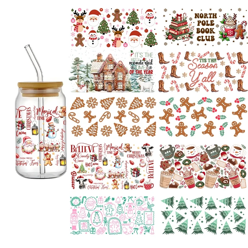 UV DTF Gingerbread Man 3D Wraps Cup 16oz Glass Cup Waterproof Durable Tranfer Sticker High Quality DIY Christmas Tree