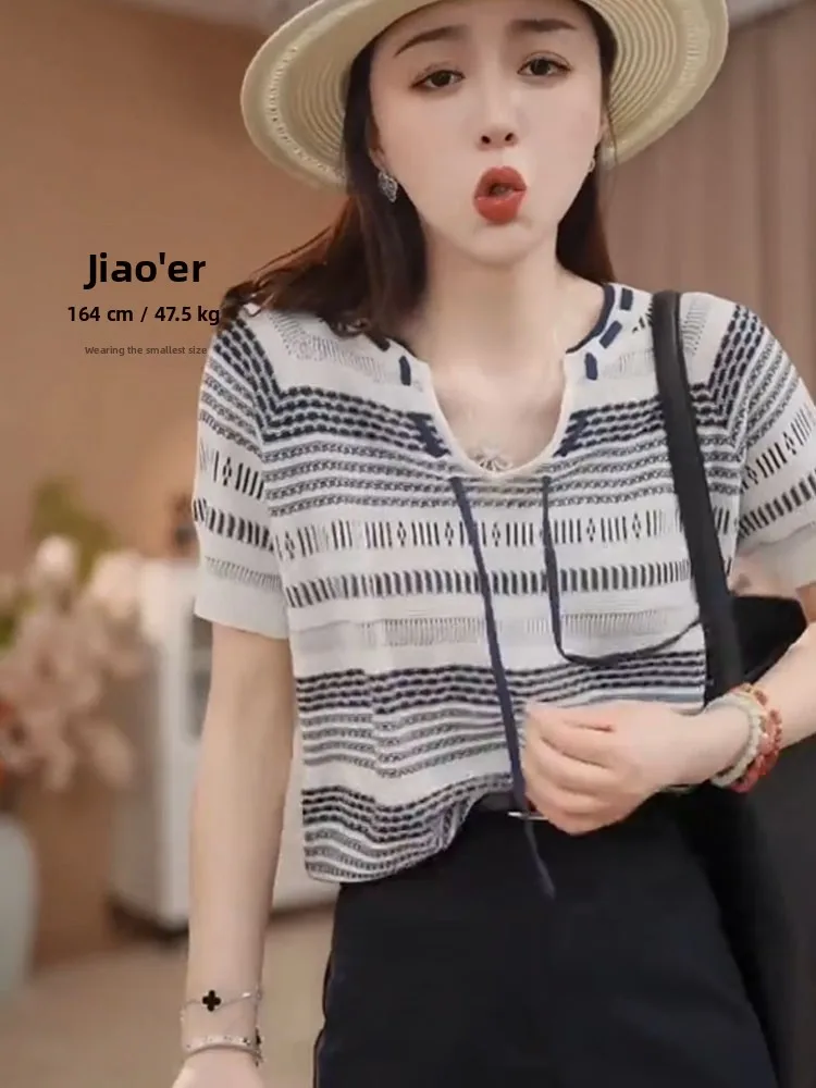 Korean Sle Ice Silk Knitted ort Sve Top Women's Faion Color Blo Striped Loose Fit Summer Trendy Versatile Top