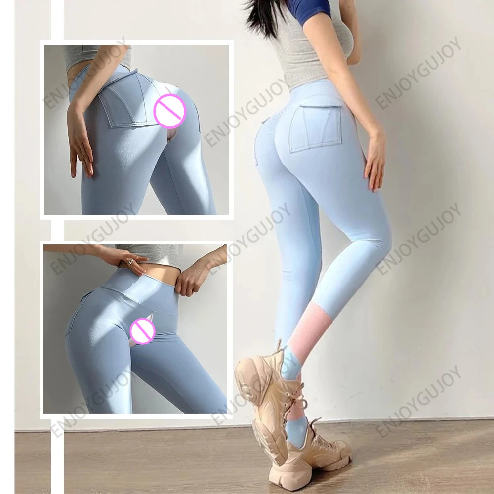 Pantalones sexuales con entrepierna abierta para exteriores, pantalones calientes exóticos, ropa de Yoga para mujeres, mallas de cadera de melocotón sin costuras, ropa de calle informal con realce para parejas