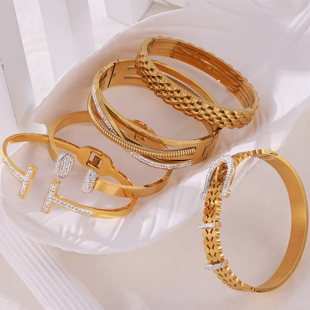 Super Fashion Belt Design Trendy Stainless Steel Zirconia Bracelet For Women Vintage Shiny Bangle Luxury Jewelry