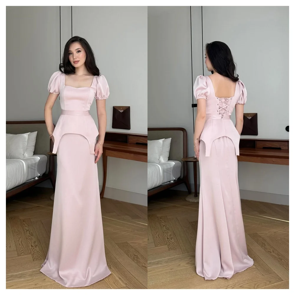 Customized  Simple Pink Satin Evening Dress Fashion Square Collar Short Sleeves Party Dress Formal Floor Length Celebri