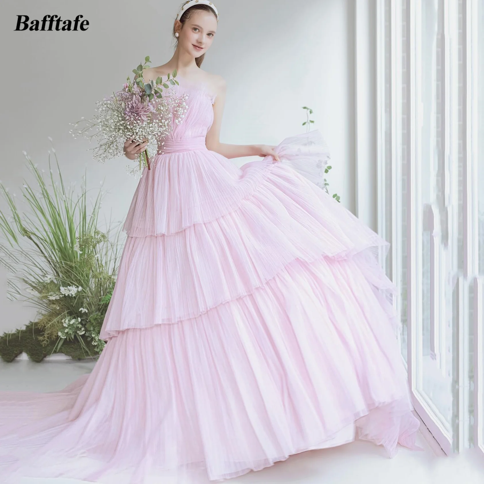 

Bafftafe Light Pink Crumpled Tulle Korea Women Prom Dresses 2024 Tiered Skirt Evening Gowns Formal Special Occasion Party Dress