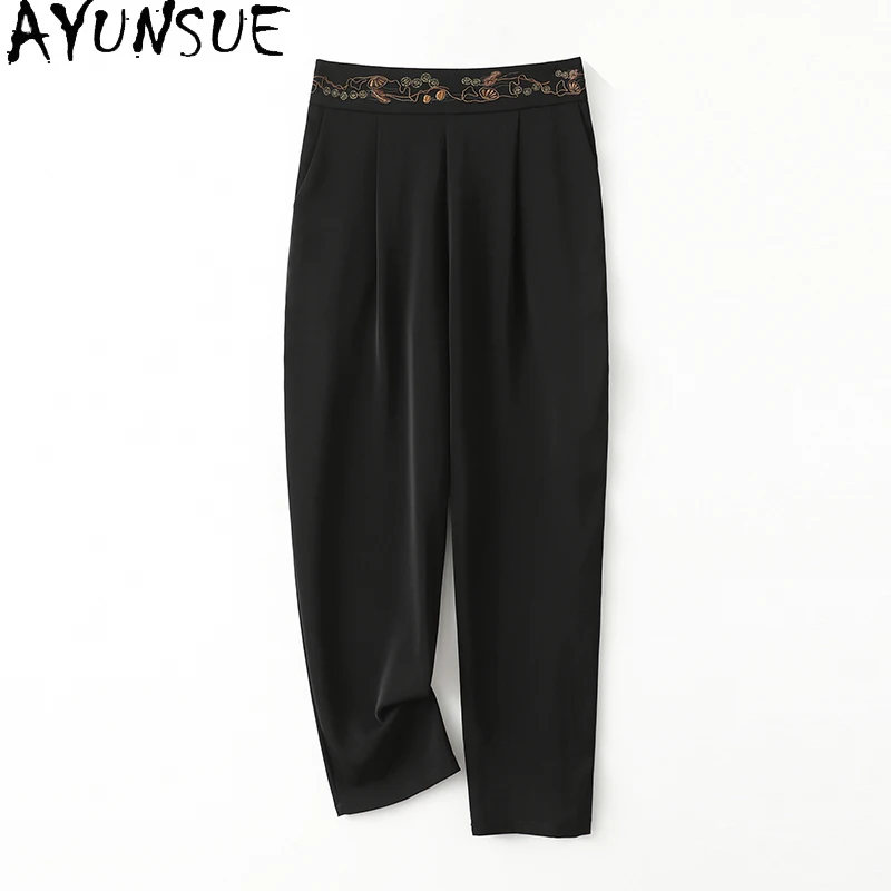 AYUNSUE 92% Natural Mulberry Silk Women's Pants New Chinese Womens Clothing Summer 2024 Embroidered Straight Pants Woman Slim