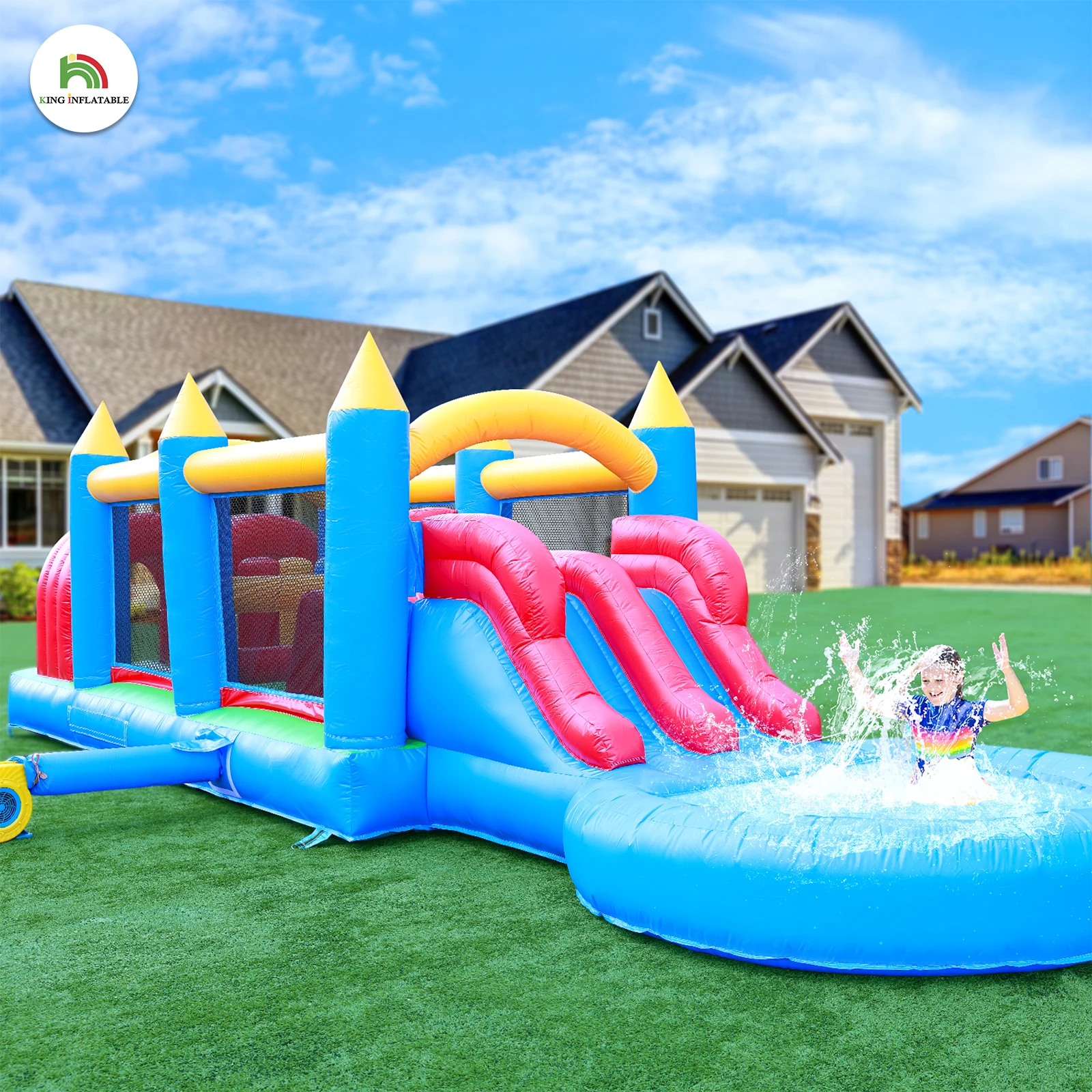 Piscina di palline gonfiabile per acqua macaron al 100% in PVC per bambini Attrezzatura per giochi d'acqua per palestra nella giungla con ventilatore d'aria da 1100 W