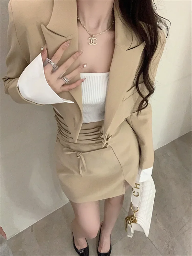 Insozkdg Skirt Suits Women Spring Autumn Slimming Long Sleeves Jacket Tops + College Style High Waist Skirt Two-piece Set Women