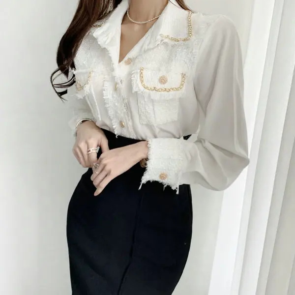 

Ele Long Sve irt with Woven Patchwork ket Golden Chain Button Solowen Straight Cut Commute Sle Pure Color