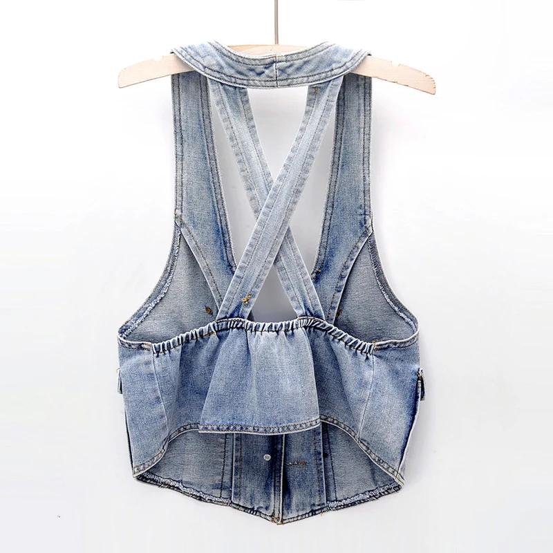 Spring Summer New Sling Denim Vest Women Korean Slim Short Cowboy Waistcoat Vintage Blue Cardigan Sleeveless Jeans Jacket Female