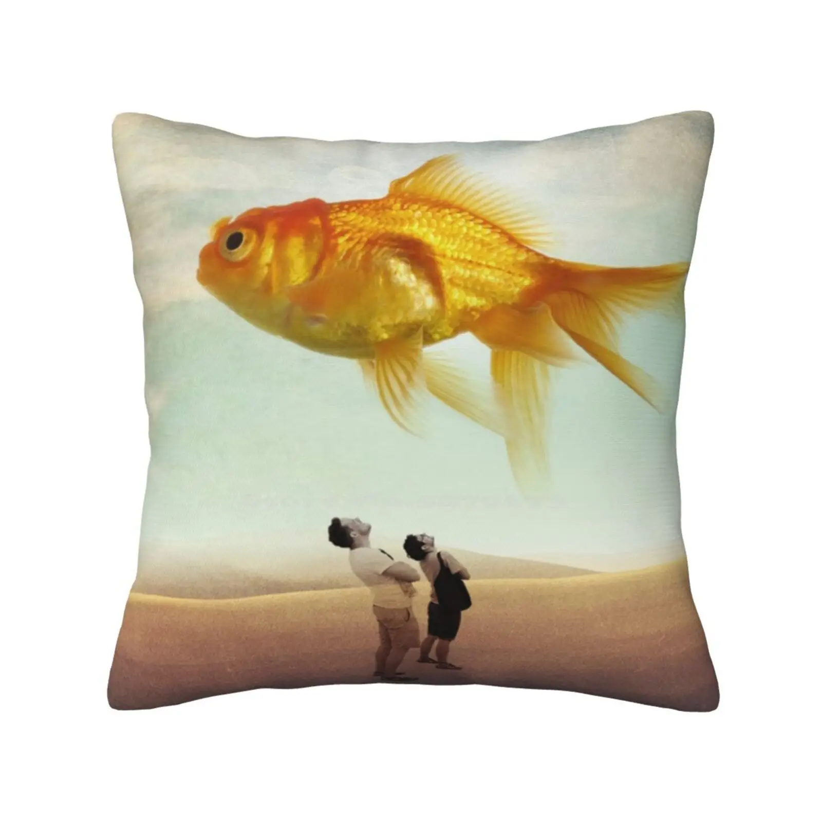 Glow Goldfish Throw Cushion Pillow Cover Huge Floating Surreal Teal Orange Sky Blue Endearing Adorable Loveable Appealing