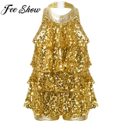 Kids Girls Shiny Sequin Ballet Jazz Dance Leotard Dress Halter Neck Sleeveless Dress for Stage Performance Party Daily Wear