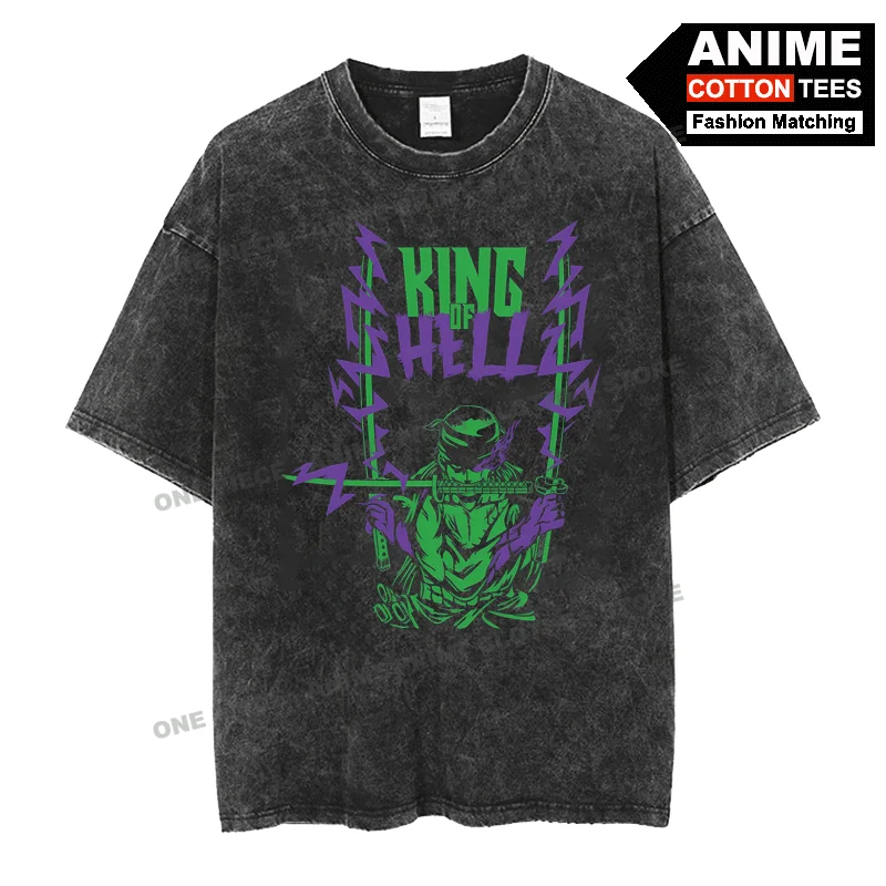 

Anime Peripheral Clothing ONE PIECE - Zoro Print T Shirt y2k Street styl Men Women Short Sleeve Retro Cotton Washed Loose Tees