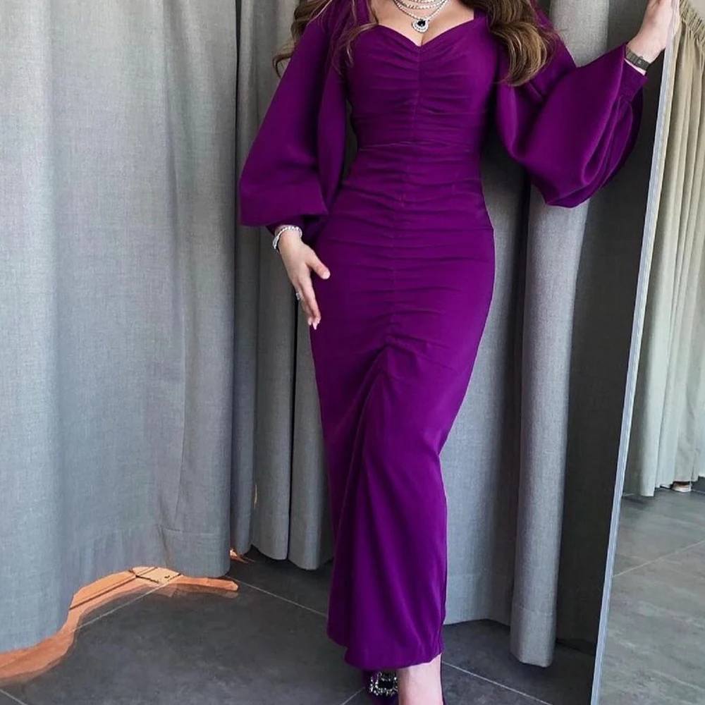 

Saudi Arabia Plus Size Dresses For Occasions Straight Pleats V-Neck Long Sleeve Ankle Legth Solid Purple Classic Celebrity Dress