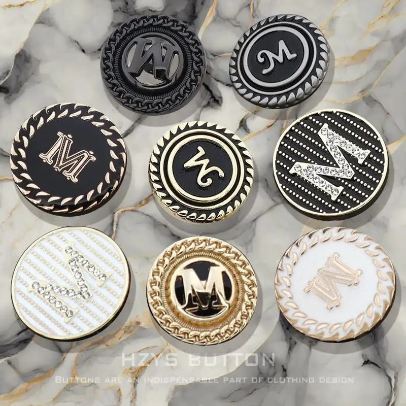 HZYS 6pcs Letter M  Metal Round Luxury Sewing Button For Clothing Accessory Handmade DIY Material Decoration Gold Silver Black