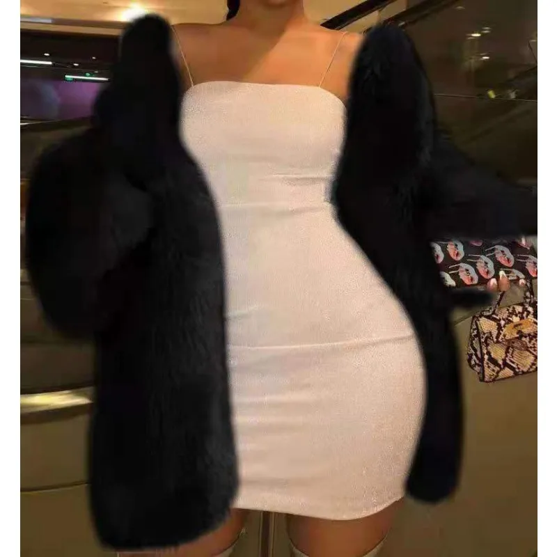 Fur European and American Fur Coat Imitation Fox Fur Round Neck Medium Long Sleeved Black Women's Clothing