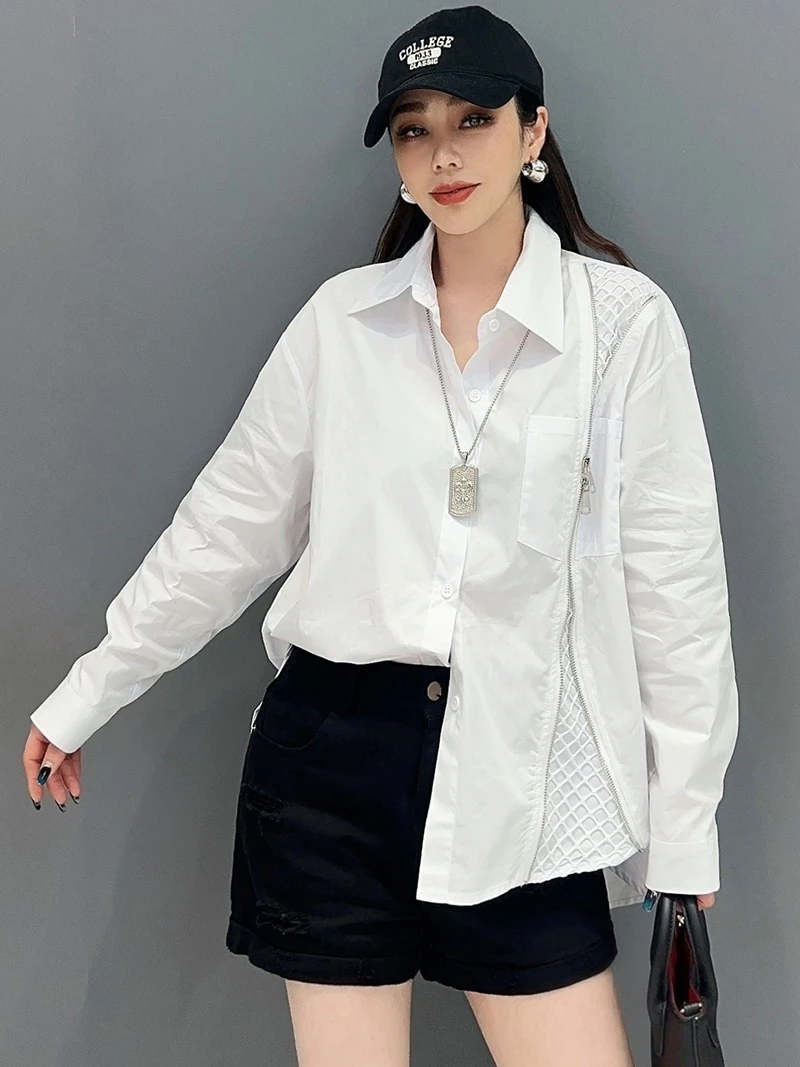 Vefadisa 2025 Spring Autumn New White Zipper Design Women Shirt Lapel Long Sleeve Irregular Shirt Casual All-match Coat ZXY986A