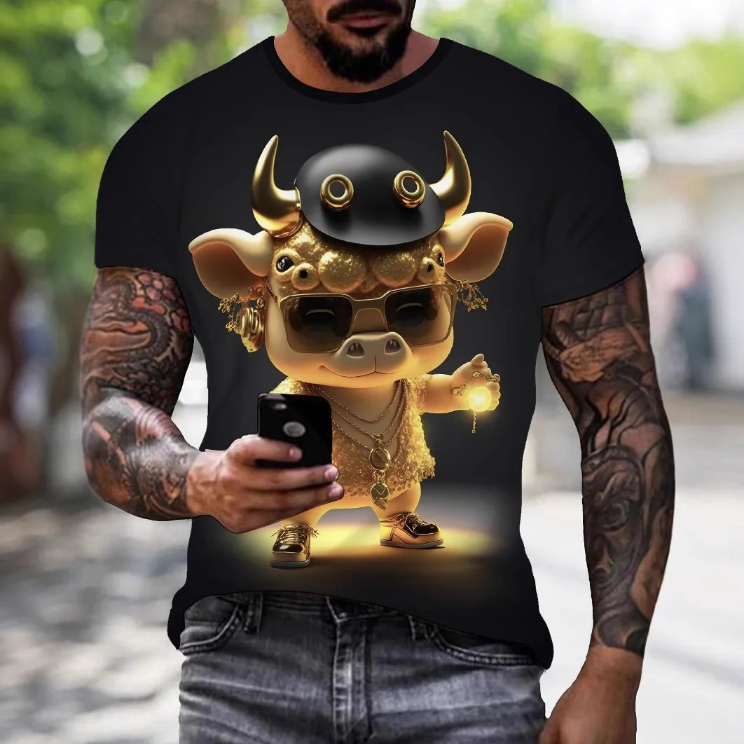 Street style men's clothing casual T-shirt 3D digital printing flame cow pattern short sleeved loose round neck top for men