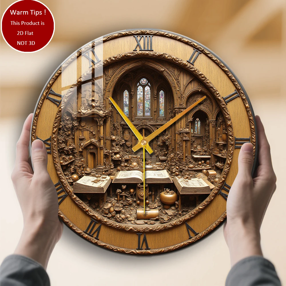 Tempered Glass Wall Clock Carved Wooden Clock with Gothic Library Scene Suitable For Wall Decor or Tabletop Display Anywhere