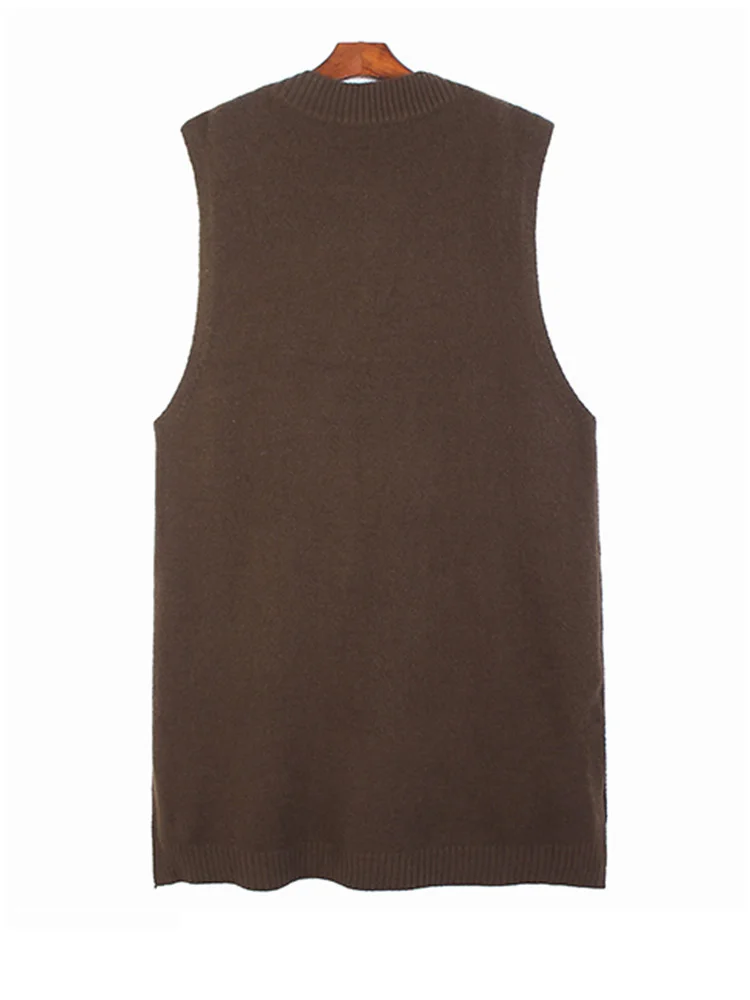 Women Brown Big Size Long Knitting Casual Dress New V-Neck Sleeveless Loose Fit Fashion Tide Spring Autumn 2022 K068