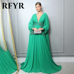 RFYR Green V Neck Formal Dress Long Sleeves Party Dress For Wedding Appliquea Lace Special Occasion Dress robe soirée Customized