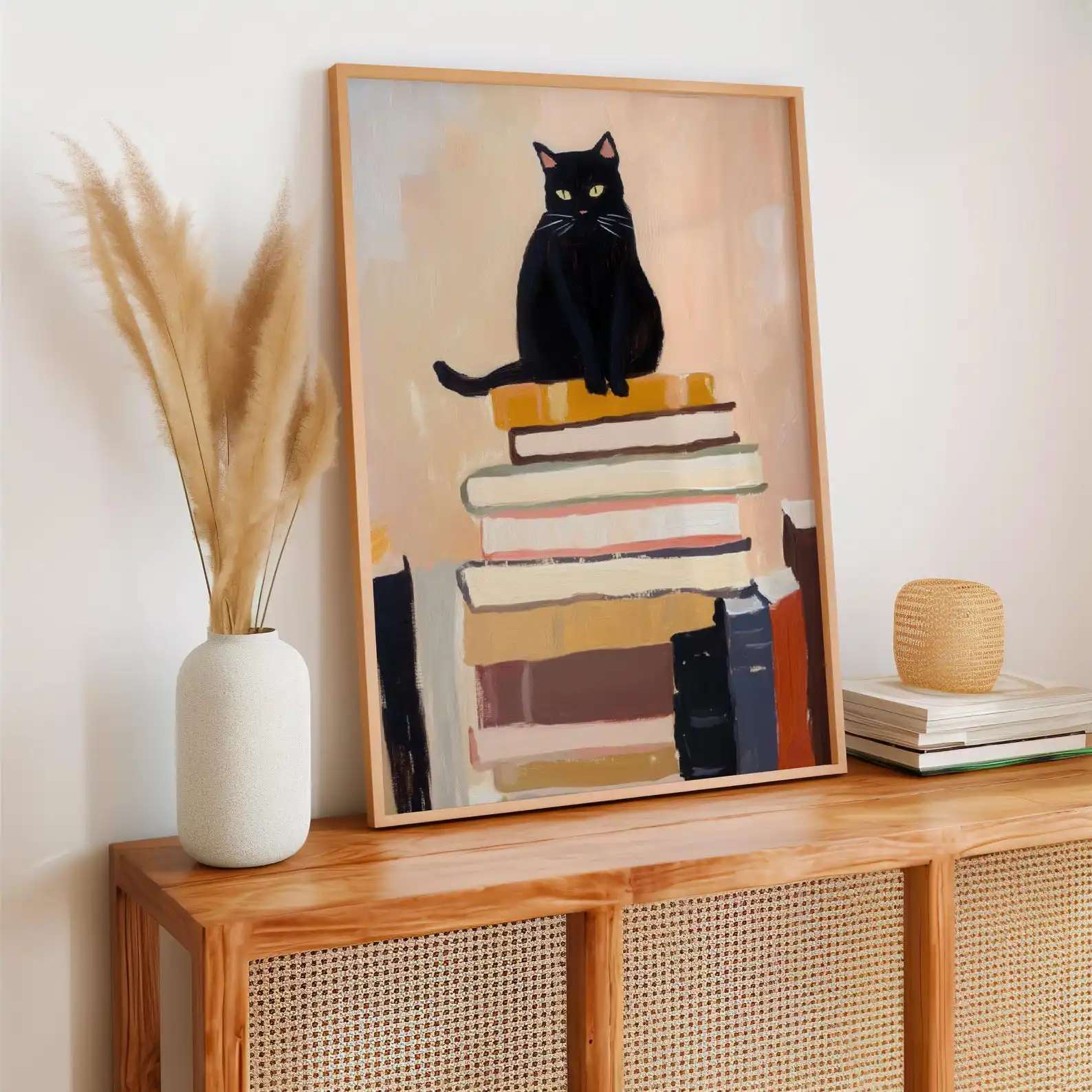 Modern Abstract Cat Poster Cat Sitting on Books Art Print Unframed Reading Nook Wall Art Gift for Cat Lover Cozy Wall Art Poster