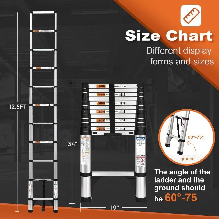 Telescoping Ladder 12.5 FT Aluminum Button Retraction Extension Ladder with 2 Triangle Stabilizers MultiPurpose Ladder with Slo