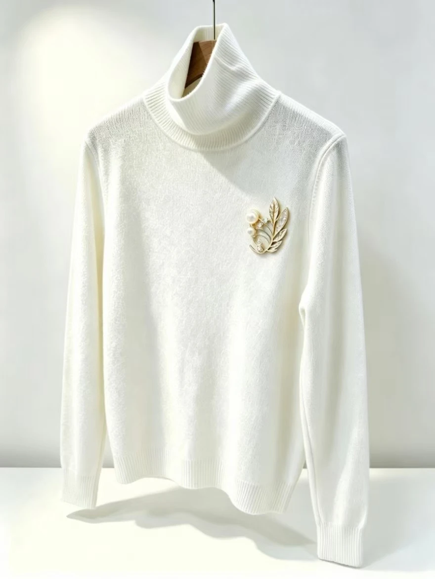 Detachable Sparkle Diamonds Brooch Turtleneck White Gray Sweater for Women Autumn/Winter Knitwear Bottoming Pullovers Femme