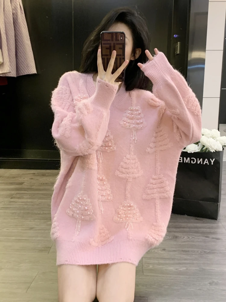 Pearls Sweaters Women Christmas Flocking Autumn Winter Popular American Style Retro Daily All-match Streetwear Aesthetic Trendy