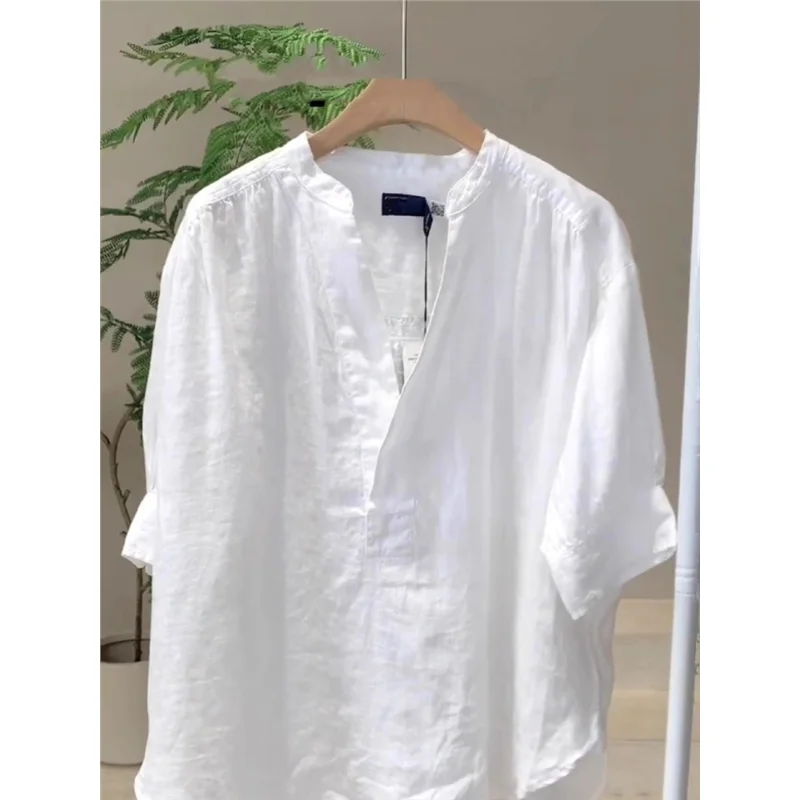 Ele branco algodão linho irt feminino verão solto plus size emagrecimento linho f gola aberta topo confortável respirável