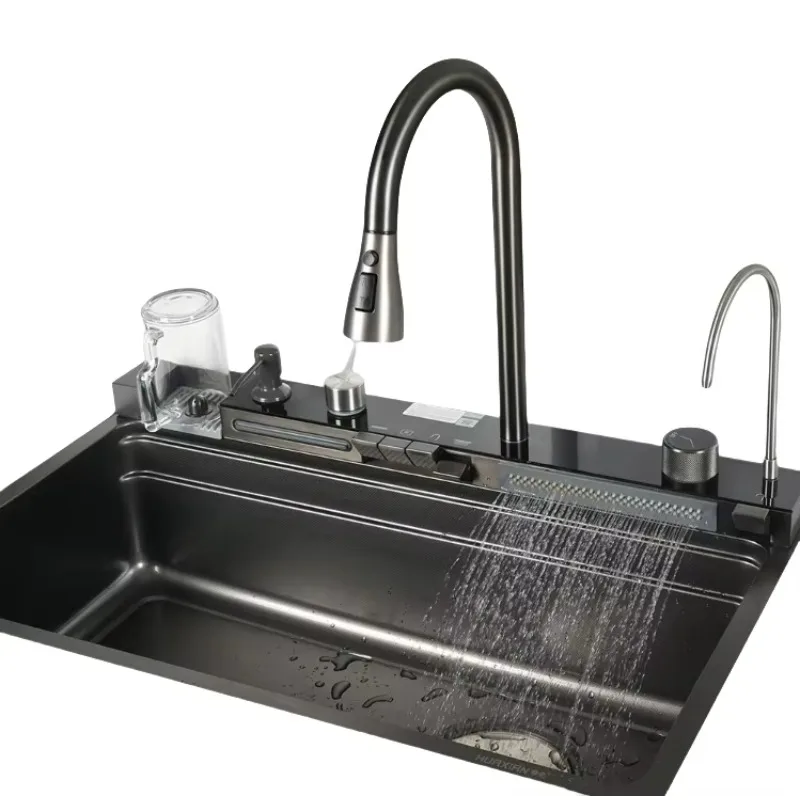 High Quality Modern Smart Multifunction Stainless Steel 304 Waterfall Sink Handmade Undermount Kitchen Counter Installation