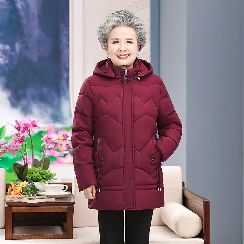 Winter Womens embroidery Jacket Hooded Solid Cotton Padded Middle-aged and elderly Parkas High Quality Ladies Coats and Jackets