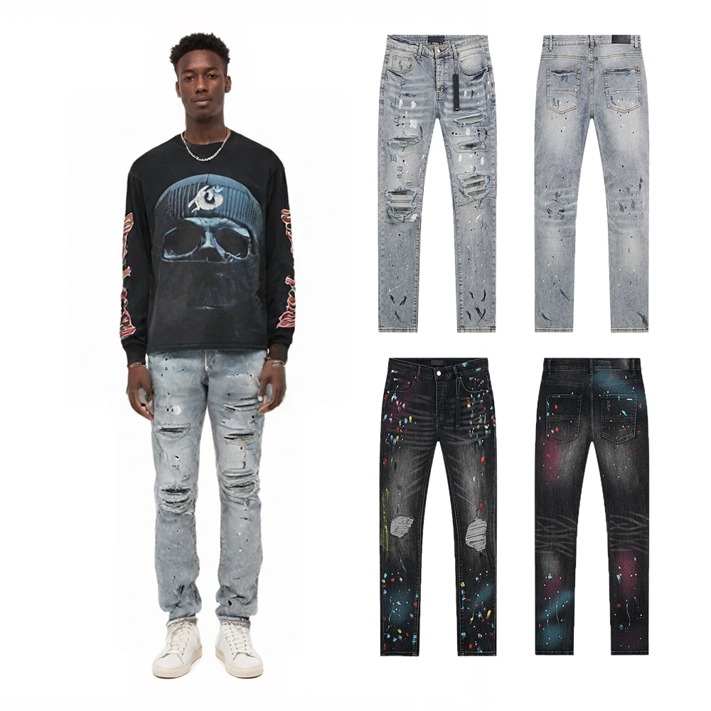 

Men's Clothing Hip-Hop Streetwear Fashion Vintage Retro Printed Denim Jeans Street Style Casual Ripped Jeans Rock Revivals Jeans