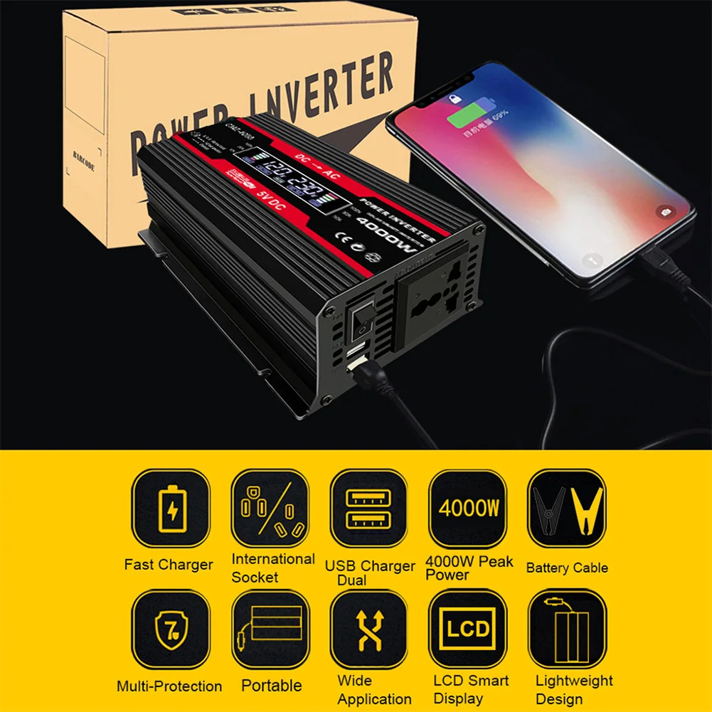 12V to 110V/220V LCD Display Voltage Transformer Car Adapter 4000W Vehicle Power Inverter Modified Sine Wave Charge Converter