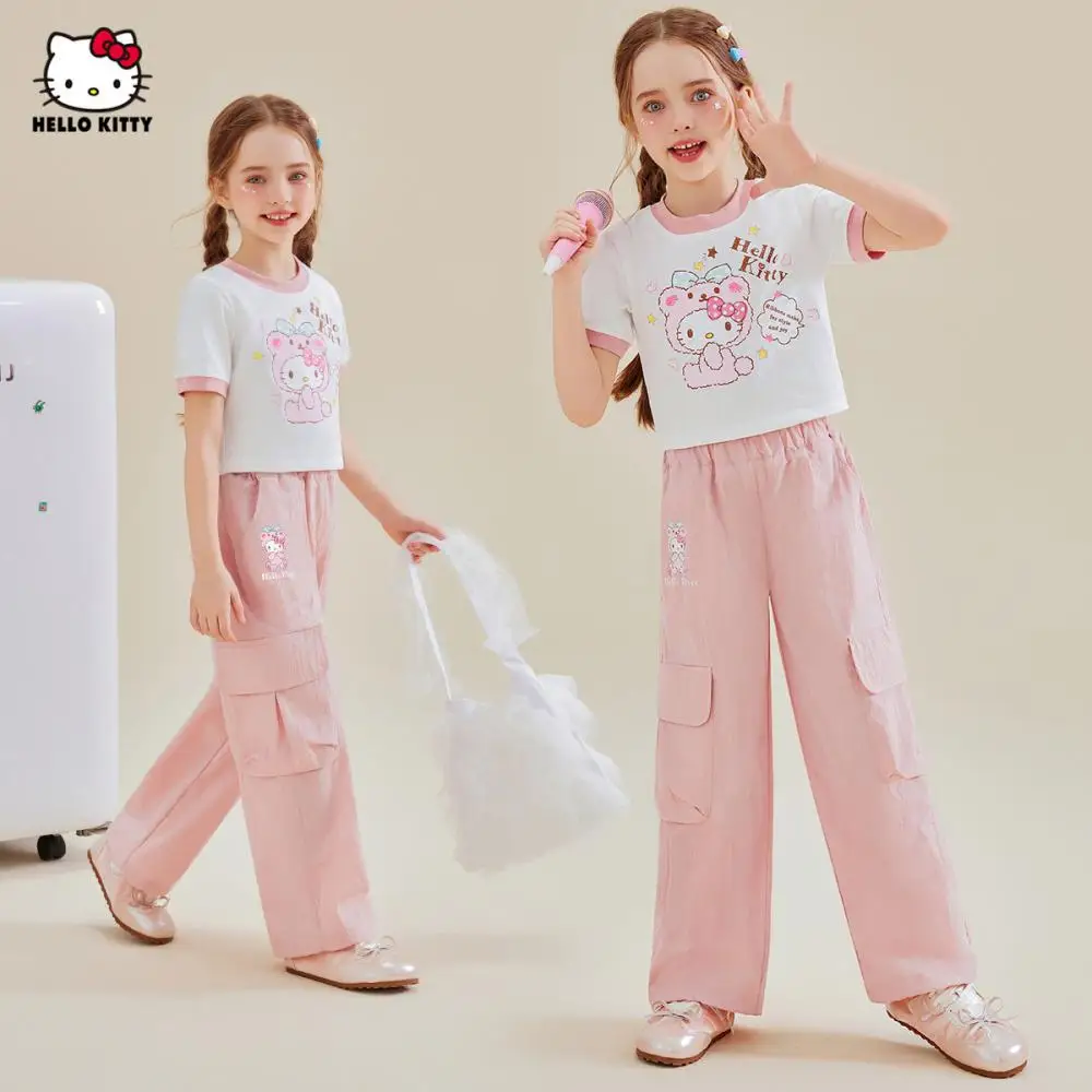

Sanrio Hello Kitty Girls Summer Short Sleeve Set New Workwear Style Children's Clothing T-Shirt Pants Cartoon Top Trousers 3-18Y