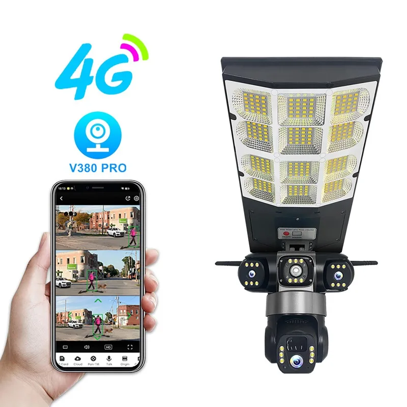 Solar 4G Wifi Street Light Camera Low Power 15MP 3 Lens APP Control Motion Detection Two-Way Voice Intercom Outdoor Camera
