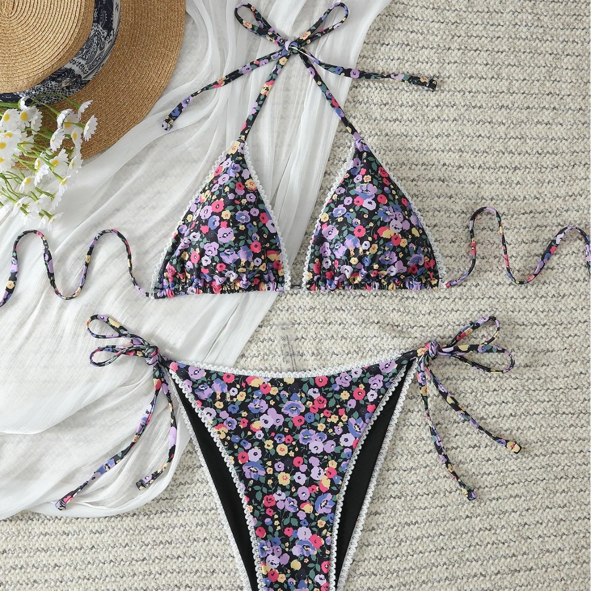 

Swimsuit 2026 Female Micro Bikini Women Swimwear Summer Beachwear Women's Bathing Suit Floral Print Neck Halter Thong Bikini Set