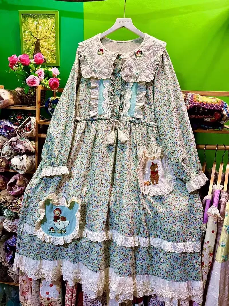 

Spring Kawaii Sweet Cute Lolita Cotton Long Dress Women Mori Girl Cartoon Cottagecore Goblincore Japanese Harajuku Midi Dress