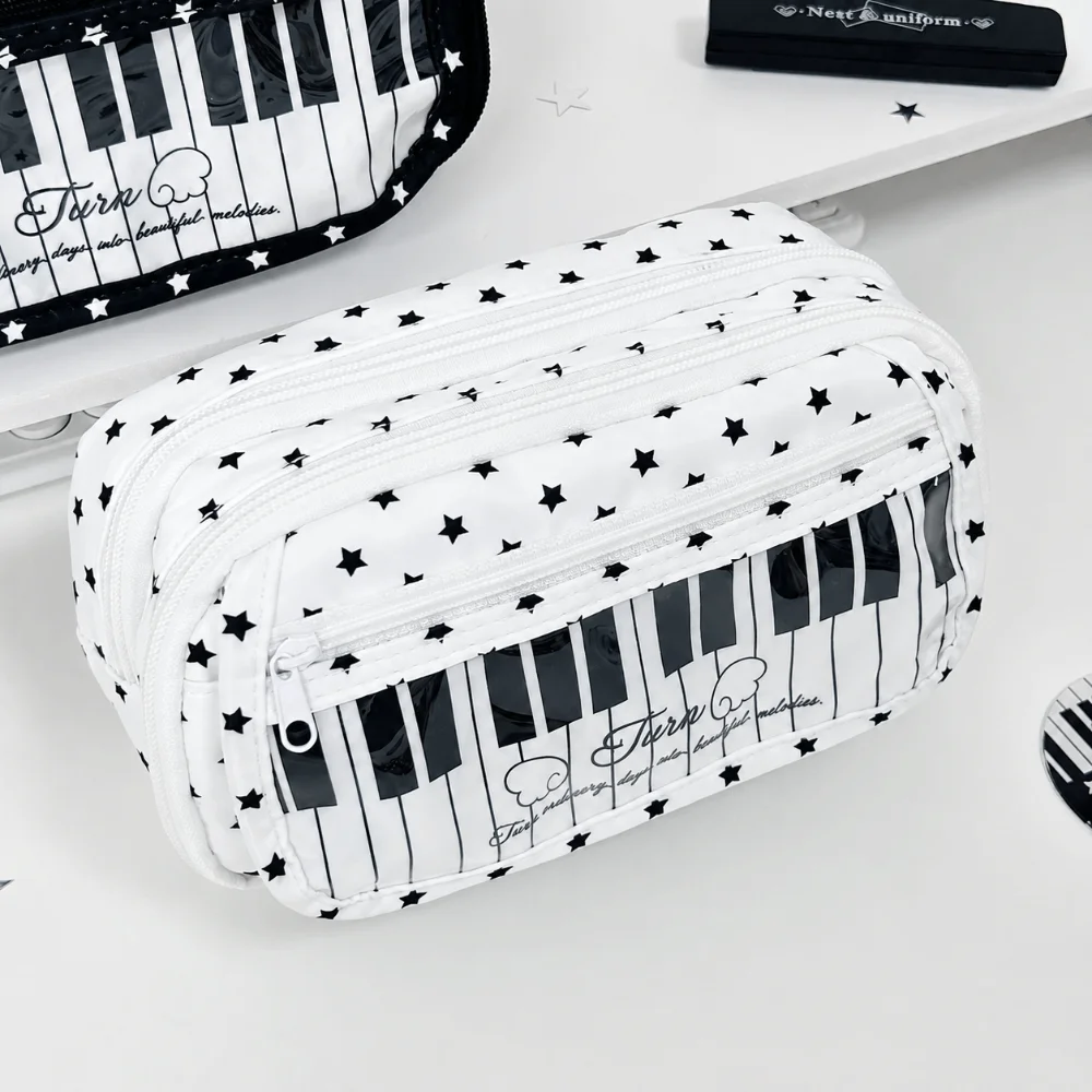 Korean Style Star Piano Keyboard Print Pencil Case Multi-Layer With Clear Window Pen Bag Large Capacity Stationery Pouch Gift