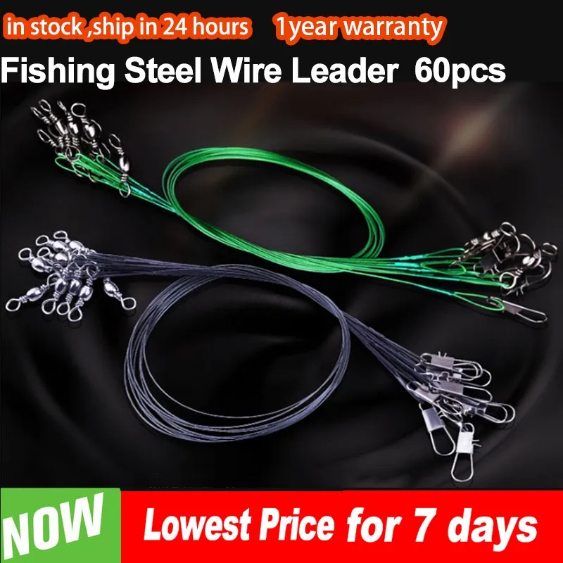 60PCS Fishing Line Steel Wire Leader With Swivel Snap Pin Anti Bite Metal Lead Core Leash 15/25/30CM Pack Fsihing Wire Tools