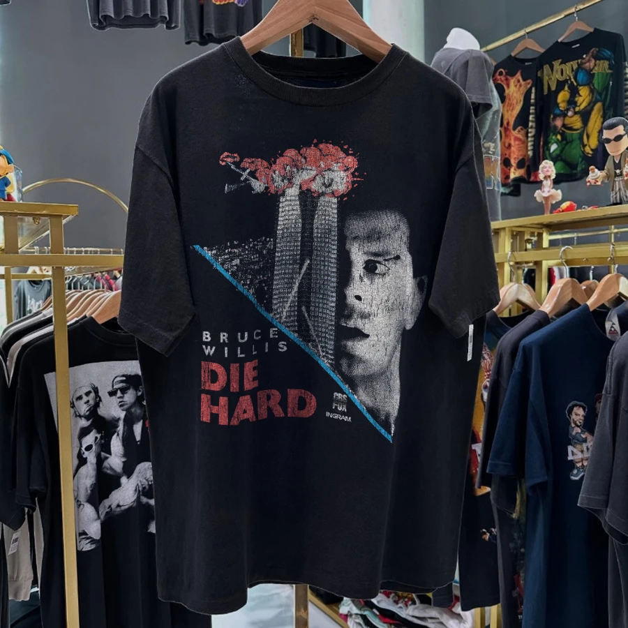 90s Die Hard Bruce Willis Rare Washed Black T-Shirt Y2K Style Underground Print Loose Retro Summer