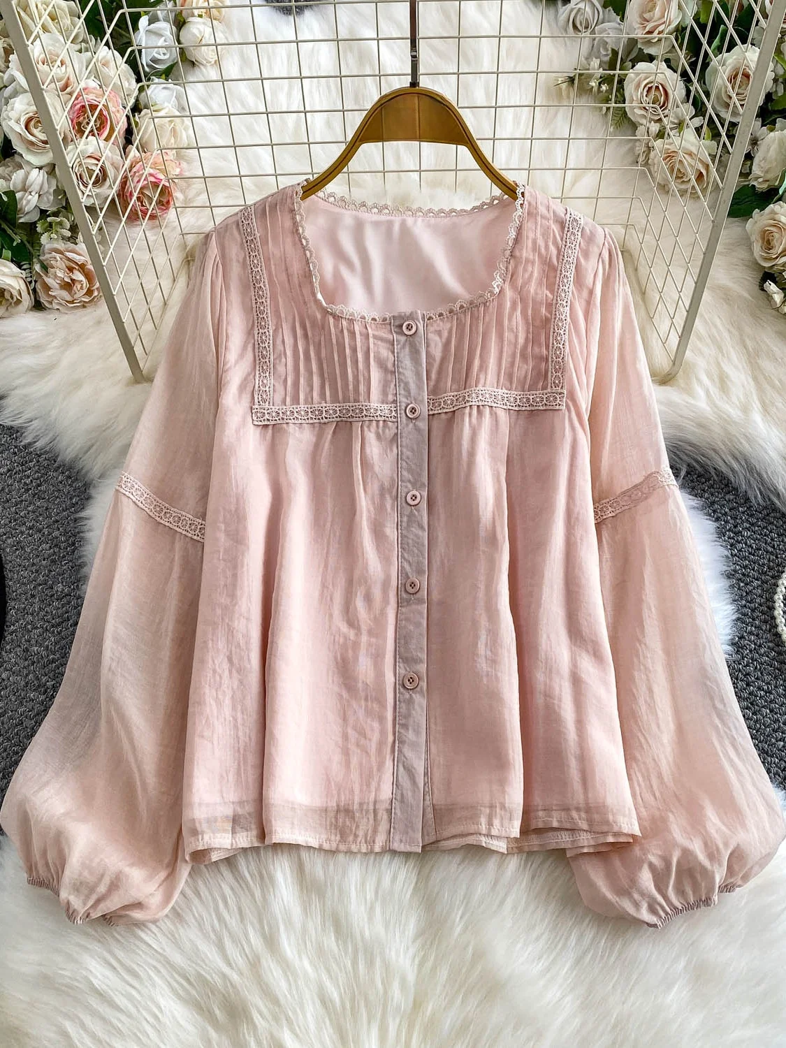 

Sweet Lace Splice Square Collar Bubble Sve irt Women's Gentle Blue Design Ele Top Faionable Fem Blouse