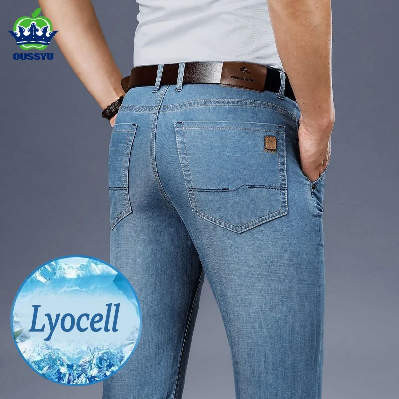 High Quality Brand Men's Lyocell Fabric Jeans Summer Thin Elastic Straight Trousers Business Long Pants Man Plus Size 28-40 42