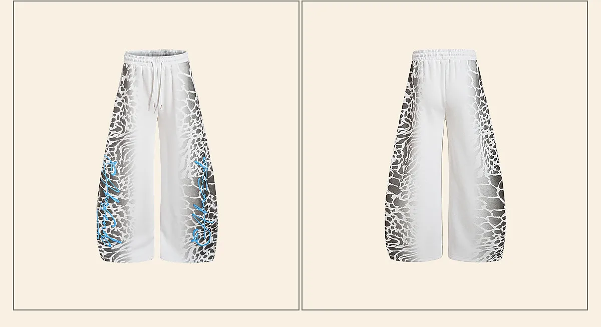 Spring Autumn American Leopard Letter Print Curved Sweatpants Men White Blue Loose Casual Versatile Wide Leg Trousers