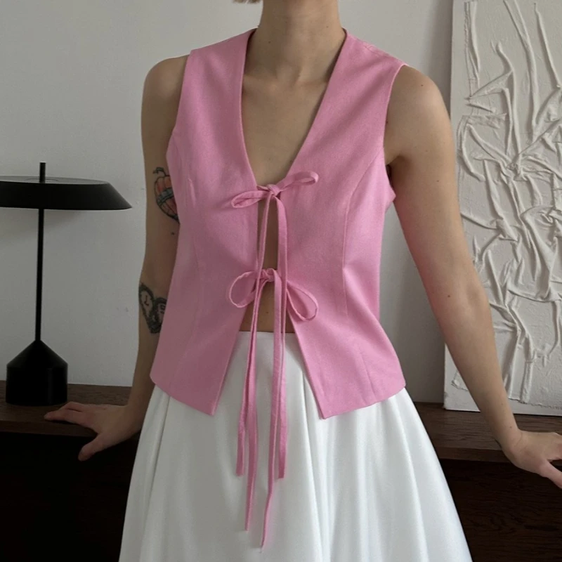 

TARUXY Pink Lace-Up Vest Women's V-Neck Sleeveless Commuter Fashion Versatile Vest 2026 Spring Summer New Vacation Party Tops