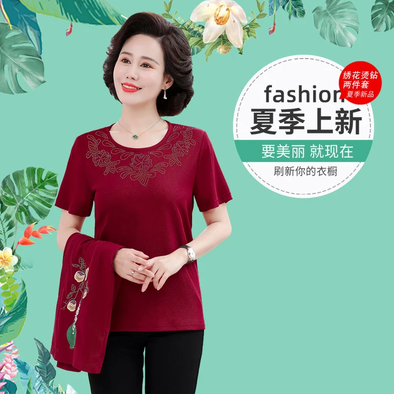 Embroidery flower Pullover Two Pieces Spring Fall Middle Age Mother Clothes Fashion Casual Women Top