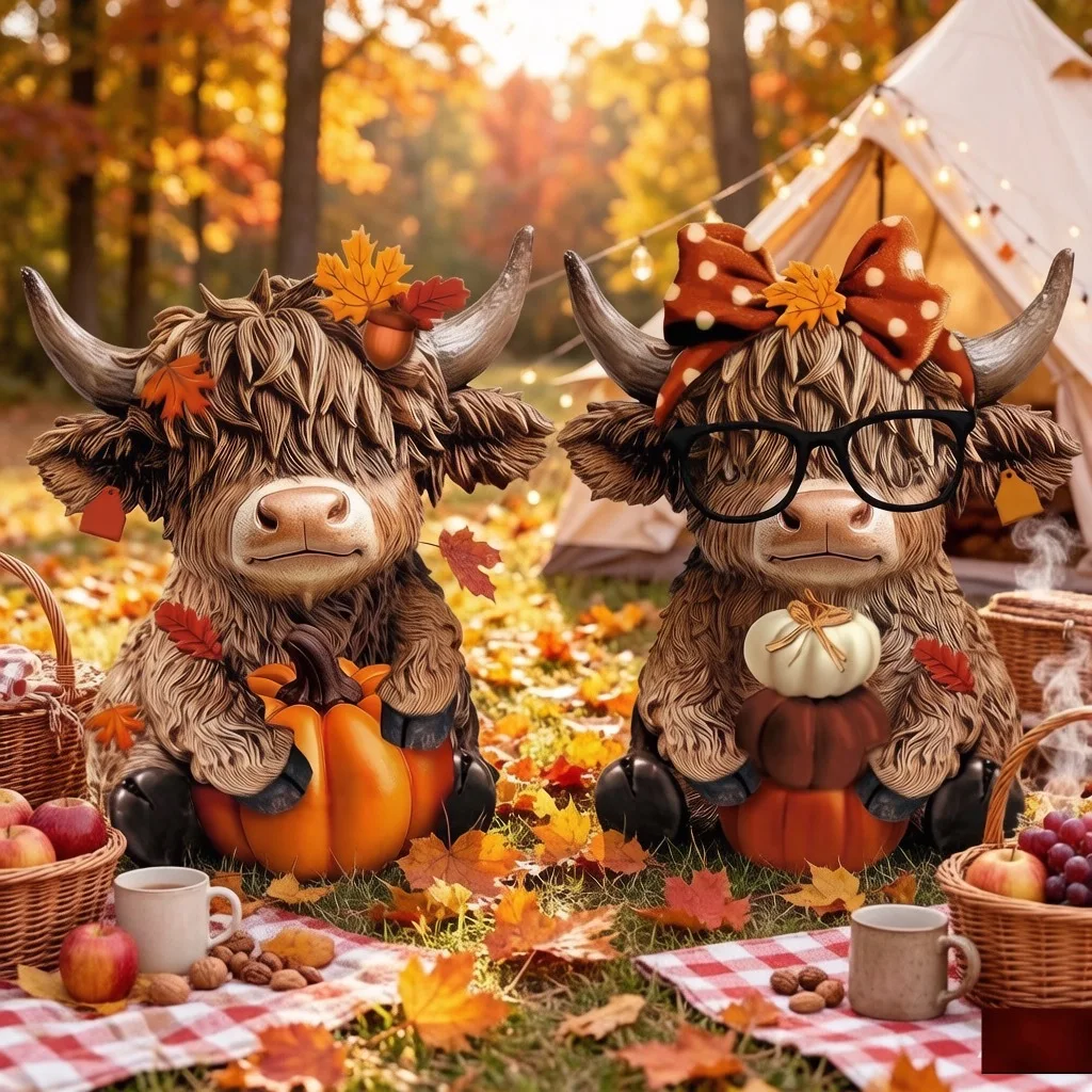 2-Piece Set, 2DPumpkin Highland Cow Figurines, Maple Leaf Highland Cow Wooden Tabletop Decorations,  and Desk Decoration