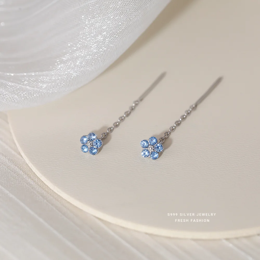 S999 Sterling Silver Blue Zircon Flower Tassel Earrings for Women Long Shiny Sweet Korean Simple Versatile Earrings - Image 4